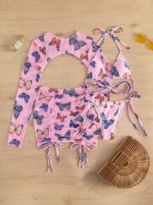 SHEIN Swim Summer Beach 4packs Butterfly Print Triangle Bikini & Cover Up Top With Skirt Set - Pink - View 6