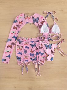 SHEIN Swim Summer Beach 4packs Butterfly Print Triangle Bikini & Cover Up Top With Skirt Set - Pink - View 7