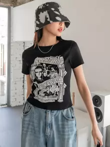 DAZY Áo thun họa tiết hình & khẩu hiệu - màu đen - Xem 5