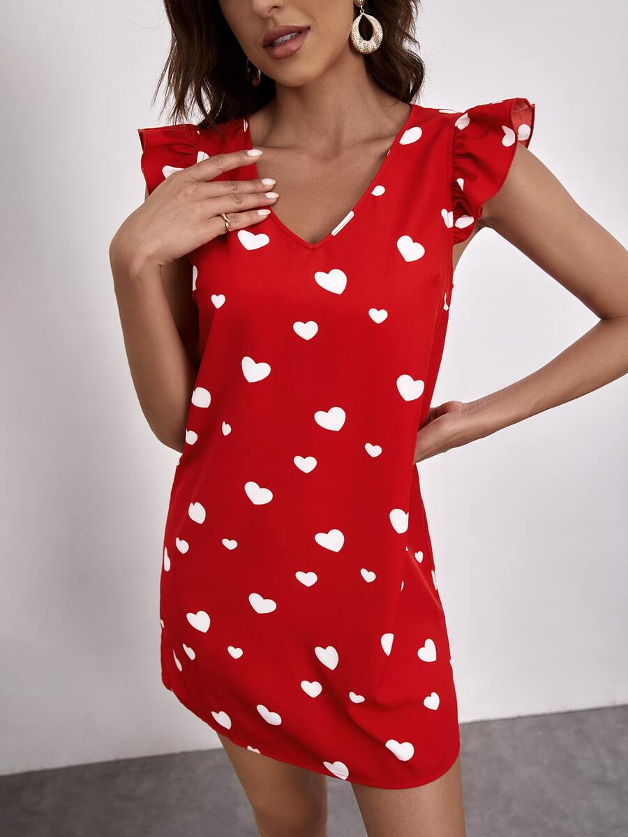 SHEIN 愛心圖案蝴蝶袖連衣裙 - 紅色 - 查看 1