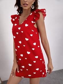 SHEIN 愛心圖案蝴蝶袖連衣裙 - 紅色 - 查看 3