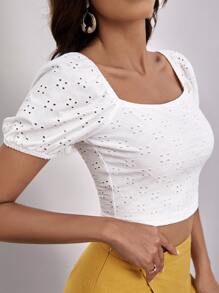 Soleia Puff Sleeve Schiffy Crop Top - White - View 1