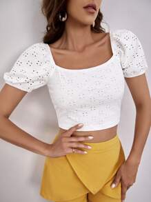 Soleia Puff Sleeve Schiffy Crop Top - White - View 3