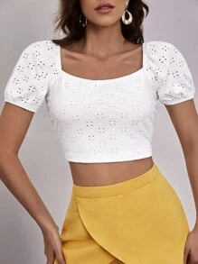 Soleia Puff Sleeve Schiffy Crop Top - White - View 4