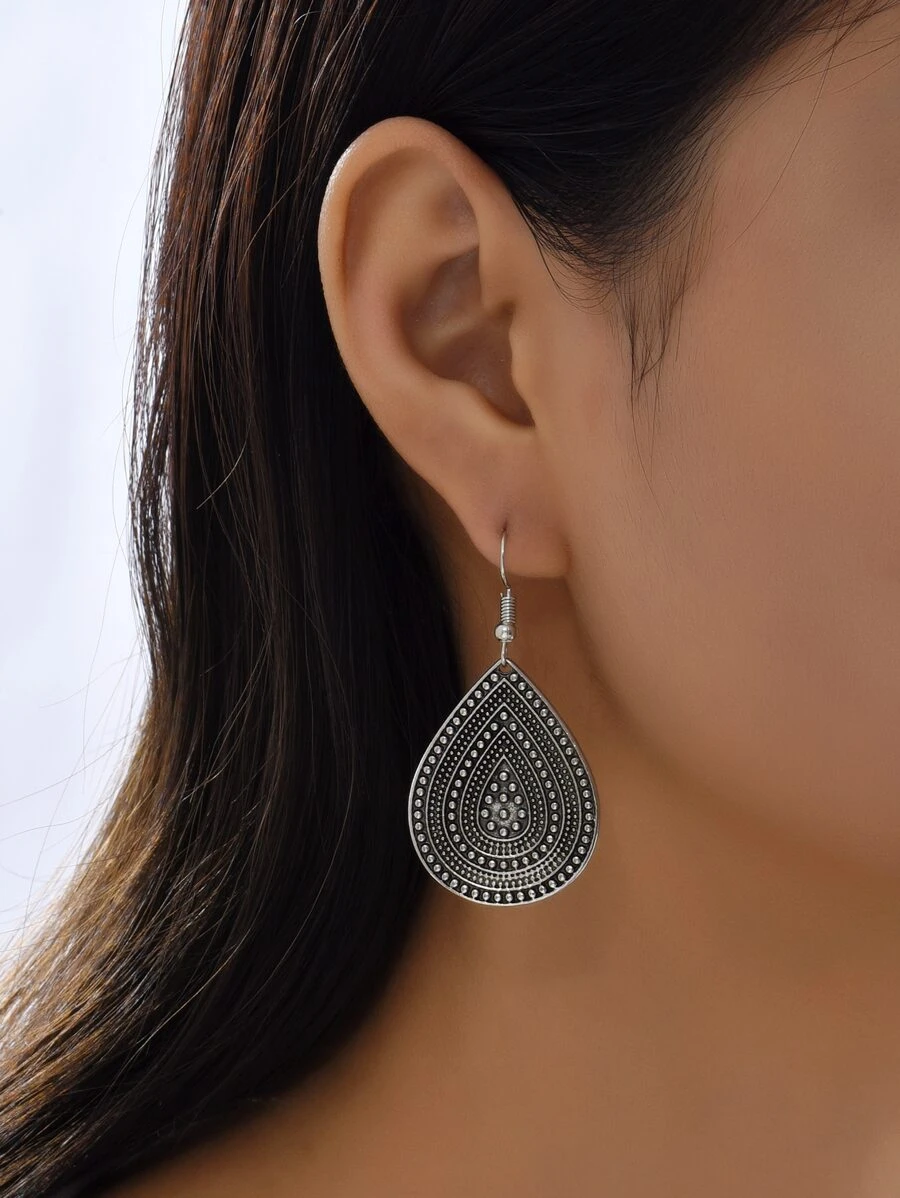 珠子裝飾水滴形耳墜 - 復古銀色 - 查看 1