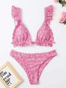 碎花印花扇贝边比基尼套装，适合夏季海滩度假