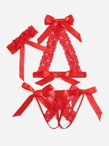 con encaje con lazo delantero Set de lencería & 1 pieza Anillo de pierna - Rojo - Ver 2
