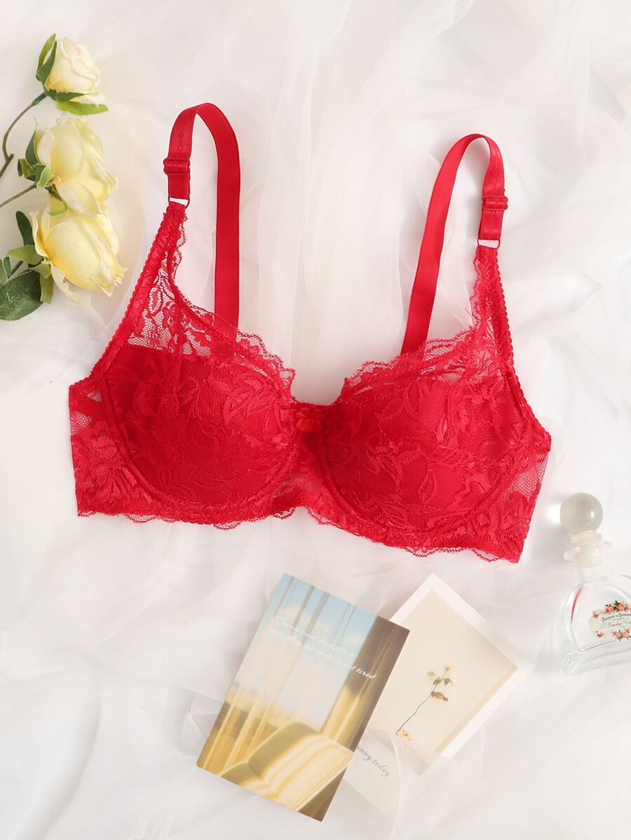 Bow Detail Lace Underwire Bra Lingerie - Red - View 1