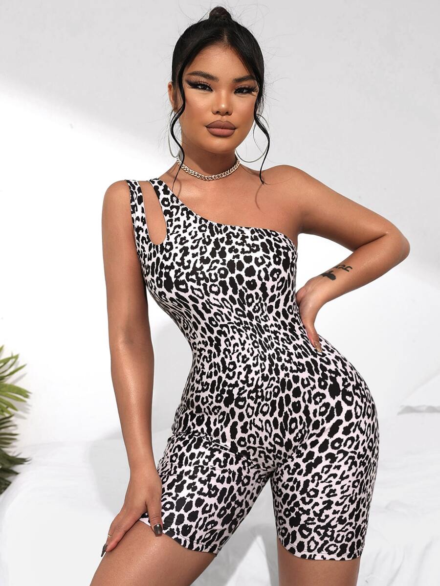 SHEIN Swim Summer Beach Leopard One Shoulder One Piece Swimsuit - Multicolor - View 1