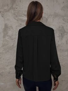 Chiquease Flap Pocket Button Front Shirt Fall Cloth For Women - Black - View 2