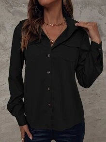 Chiquease Flap Pocket Button Front Shirt Fall Cloth For Women - Black - View 3