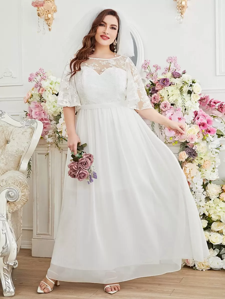 SHEIN Belle 大碼蝴蝶袖雪紡婚紗洋裝不附帶頭紗