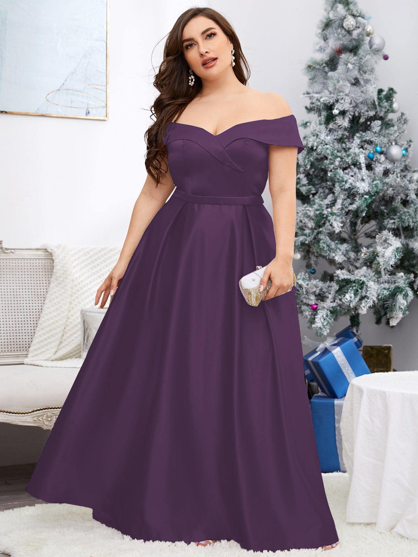 SHEIN Belle Hơn Off Shoulder Xếp nếp Thêm dài Chính thức Váy phù dâu - Màu tím - Xem 1
