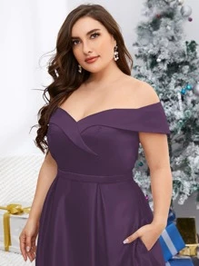 SHEIN Belle Hơn Off Shoulder Xếp nếp Thêm dài Chính thức Váy phù dâu - Màu tím - Xem 3