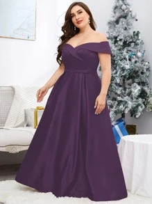 SHEIN Belle Hơn Off Shoulder Xếp nếp Thêm dài Chính thức Váy phù dâu - Màu tím - Xem 4