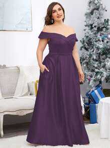 SHEIN Belle Hơn Off Shoulder Xếp nếp Thêm dài Chính thức Váy phù dâu - Màu tím - Xem 5