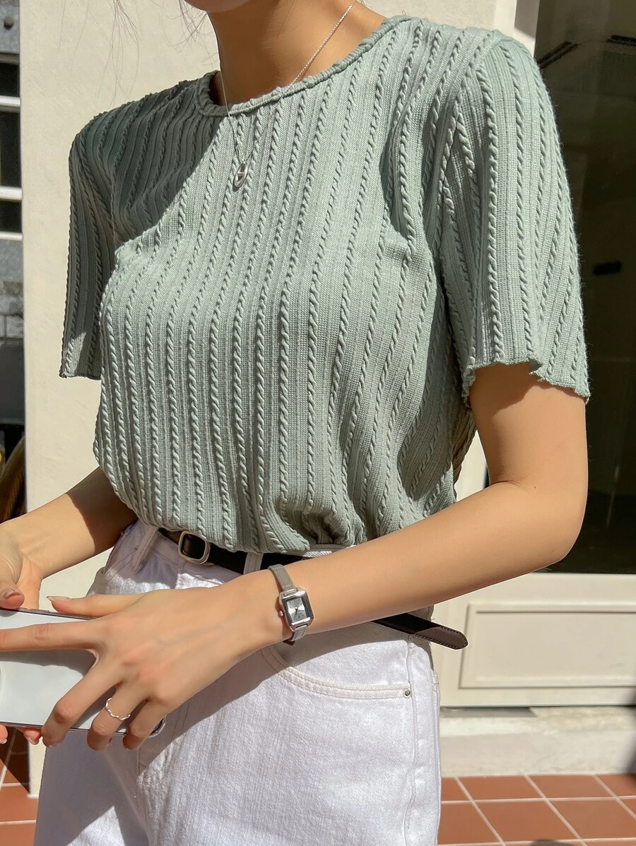 DAZY Lettuce Trim Textured Solid Tee - Mint Green - View 1