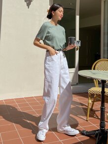 DAZY Lettuce Trim Textured Solid Tee - Mint Green - View 6