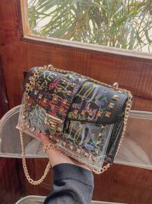 輕便商務休閒迷你字母圖形鑲釘裝飾翻蓋方形包適合青少年女孩女大學生、菜鳥和白領，非常適合辦公室、大學、工作、商務、通勤、戶外、旅行、郊遊 - 彩色 - 查看 3