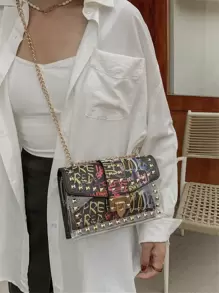 輕便商務休閒迷你字母圖形鑲釘裝飾翻蓋方形包適合青少年女孩女大學生、菜鳥和白領，非常適合辦公室、大學、工作、商務、通勤、戶外、旅行、郊遊 - 彩色 - 查看 4