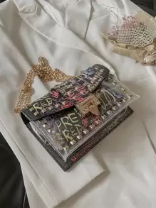 輕便商務休閒迷你字母圖形鑲釘裝飾翻蓋方形包適合青少年女孩女大學生、菜鳥和白領，非常適合辦公室、大學、工作、商務、通勤、戶外、旅行、郊遊 - 彩色 - 查看 5