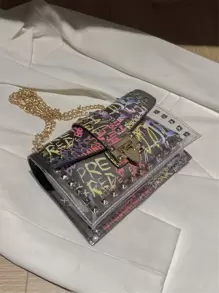 輕便商務休閒迷你字母圖形鑲釘裝飾翻蓋方形包適合青少年女孩女大學生、菜鳥和白領，非常適合辦公室、大學、工作、商務、通勤、戶外、旅行、郊遊 - 彩色 - 查看 6