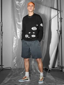 CazFhey Men Graphic Print Drop Shoulder Pullover - Black - View 3