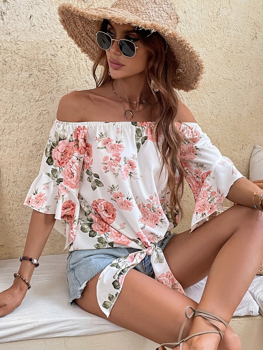 Breezaya Floral Print Off-shoulder Knot Hem Blouse - White - View 1