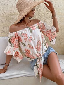 Breezaya Floral Print Off-shoulder Knot Hem Blouse - White - View 3