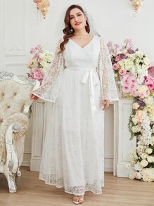 SHEIN Belle 大碼荷葉袖腰帶蕾絲婚紗洋裝不附帶頭紗