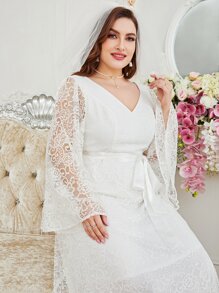 SHEIN Belle 大碼荷葉袖腰帶蕾絲婚紗洋裝不附帶頭紗