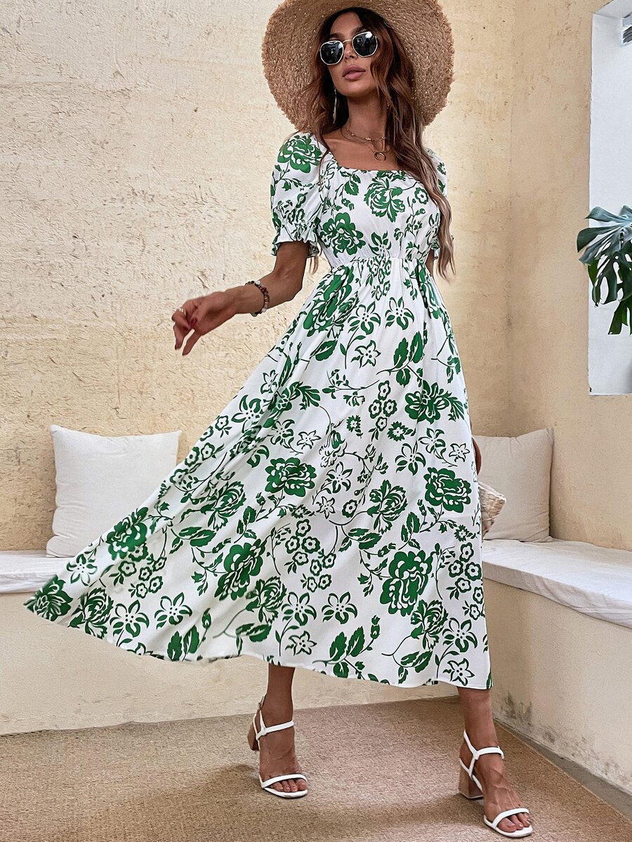 Floral Print Puff Sleeve Dress - Multicolor - View 1