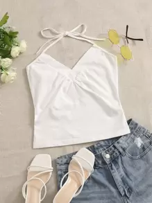 SHEIN EZwear 素色抽褶細節掛脖上衣 - 白色 - 查看 1