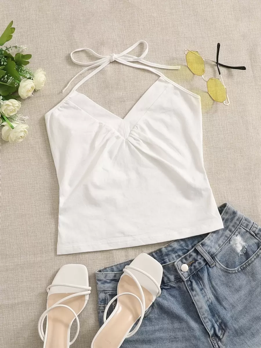 SHEIN EZwear 素色抽褶細節掛脖上衣 - 白色 - 查看 1