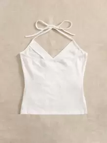 SHEIN EZwear 素色抽褶細節掛脖上衣 - 白色 - 查看 2