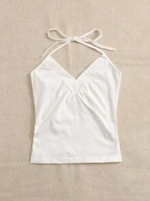 SHEIN EZwear 素色抽褶細節掛脖上衣 - 白色 - 查看 3