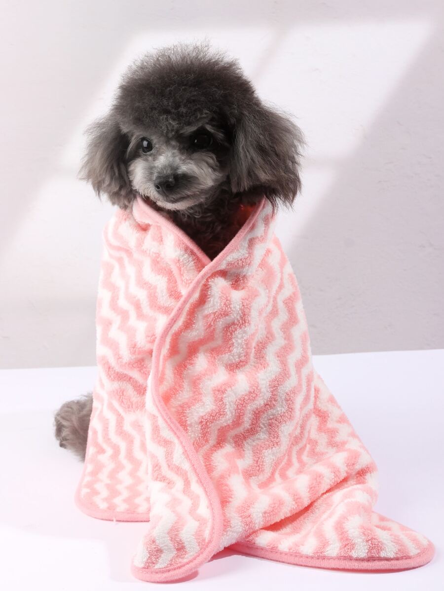 nicovaer 1pc Soft, Absorbent, Pink Wavy Pattern Polyester Fiber Pet Towel & Blanket Suitable For Daily Use, Outdoor Travel For Cats And Dogs - Multicolor - View 1