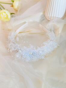 Băng đô trang trí bằng ngọc trai & giả ngọc trai - trắng - Xem 2