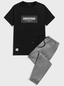 GENTILAND Men Slogan Graphic Patched Detail Tee & Joggers - Multicolor - View 1