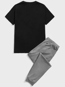 GENTILAND Men Slogan Graphic Patched Detail Tee & Joggers - Multicolor - View 2