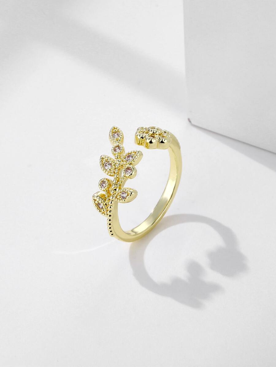 Cubic Zirconia Leaf Decor Cuff Ring - Yellow Gold - View 1