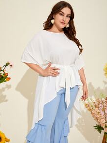 SHEIN Unity Áo sơ mi Plus Size Bất đối xứng Thắt lưng Cao thấp màu trơn Boho - trắng - Xem 4