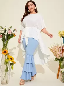SHEIN Unity Áo sơ mi Plus Size Bất đối xứng Thắt lưng Cao thấp màu trơn Boho - trắng - Xem 1