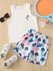 SHEIN Leap Crew Young Boy Tropical Print Tank Top & Shorts - Multicolor - View 1