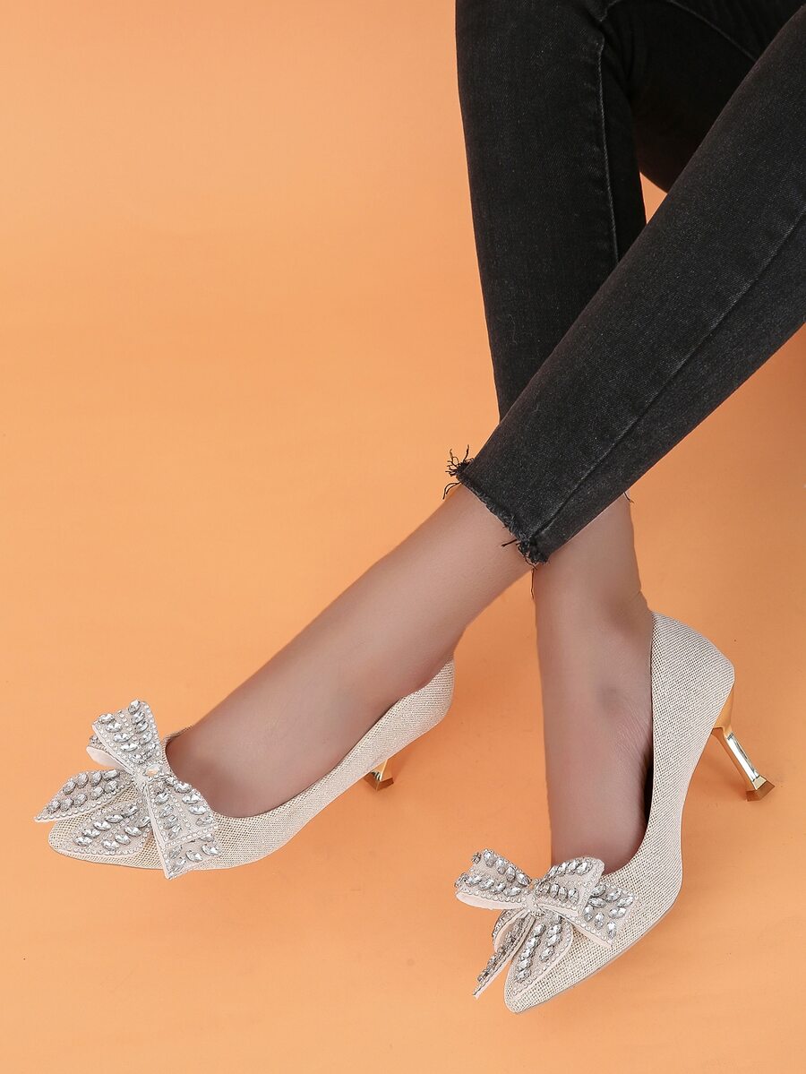 Giày cao gót Nữ Nơ Bướm Đá quý màu trơn Đúng mốt - Vàng - Xem 1