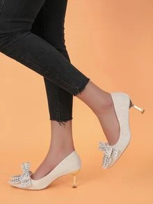Giày cao gót Nữ Nơ Bướm Đá quý màu trơn Đúng mốt - Vàng - Xem 2