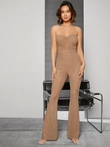 Ruched Bust Sheer Mesh Overlay Tube Jumpsuit - Khaki - View 3