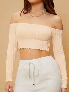 SHEIN 一字肩木耳邊短款T恤 - 杏色 - 查看 3