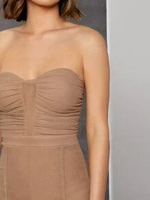 Ruched Bust Sheer Mesh Overlay Tube Jumpsuit - Khaki - View 5