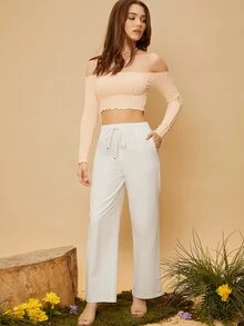 SHEIN 一字肩木耳邊短款T恤 - 杏色 - 查看 5